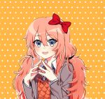  1girl :d alternate_hair_length alternate_hairstyle blue_eyes blush bow commentary doki_doki_literature_club english_commentary eyebrows_visible_through_hair hair_between_eyes hair_bow long_hair looking_at_viewer open_mouth orange_background pink_hair polka_dot polka_dot_background red_bow savi_(byakushimc) sayori_(doki_doki_literature_club) school_uniform smile solo steepled_fingers upper_body 