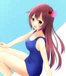  1girl blue_background breasts brown_hair cleavage hair_ornament kantai_collection kisaragi_(kantai_collection) long_hair medium_breasts ribbon school_swimsuit sitting solo swimsuit toyomi_13 violet_eyes 