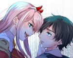  1boy 1girl black_hair blue_eyes couple darling_in_the_franxx face-to-face finger_to_mouth green_eyes hiro_(darling_in_the_franxx) horns long_hair looking_at_another military military_uniform necktie oni_horns orange_neckwear pink_hair short_hair tom_srsm uniform zero_two_(darling_in_the_franxx) 