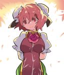  1girl arms_behind_back bandage bun_cover commentary_request double_bun flower hammer_(sunset_beach) ibaraki_kasen pink_eyes pink_hair puffy_sleeves short_hair side_glance skirt smile solo touhou 