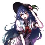  1girl black_hat blouse blue_hair blue_skirt blush bow commentary_request eyebrows_visible_through_hair food frilled_blouse fruit hair_between_eyes hand_on_headwear hand_up hat highres hinanawi_tenshi leaf leaning_forward long_hair miata_(miata8674) neck_bow open_mouth peach puffy_short_sleeves puffy_sleeves red_bow red_eyes red_neckwear short_sleeves simple_background skirt smile solo touhou upper_body very_long_hair white_background white_blouse wing_collar 