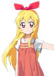  1girl aikatsu! aikatsu!_(series) arm_up blonde_hair bow casual dress hair_bow hairband haiteku hoshimiya_ichigo long_hair red_eyes shiny shiny_hair shiny_skin shirt simple_background sketch smile solo spaghetti_strap t-shirt upper_body white_background white_shirt 