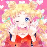  1girl ;q bishoujo_senshi_sailor_moon blonde_hair blue_eyes bow crescent crescent_earrings double_bun earrings green_bow hair_bow heart heart_background jewelry kurokuzu_(milkyway792) light_particles long_hair looking_at_viewer multi-tied_hair necklace one_eye_closed pink_background red_shirt ring shirt signature smile solo star star_in_eye symbol_in_eye tongue tongue_out tsukino_usagi twintails upper_body yellow_bow 