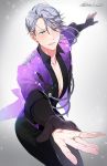 1boy artist_name blue_eyes collared_shirt epaulettes gearous jewelry male_focus open_clothes open_shirt outstretched_hand parted_lips ring shirt silver_hair sparkle viktor_nikiforov yuri!!!_on_ice 
