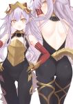  1girl :o arms_up ass ass_visible_through_thighs bangs bare_shoulders black_bodysuit blush bodysuit breastplate closed_mouth cowboy_shot detached_sleeves elbow_gloves eyebrows_visible_through_hair flat_chest frown gloves granblue_fantasy hands_on_hips highres lavender_hair long_hair long_sleeves looking_at_viewer looking_back medusa_(shingeki_no_bahamut) multiple_views nanananana open_mouth pink_hair pointy_ears shingeki_no_bahamut simple_background skin_tight standing straight_hair tail tearing_up tears thigh_gap v-shaped_eyebrows very_long_hair white_background yellow_gloves 