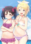  10s 2girls :d ayase_eli bikini black_hair blonde_hair blue_eyes blue_sky blush bow breasts closed_mouth clouds crossed_arms earrings frilled_bikini frills hair_bow hair_ribbon jewelry looking_at_viewer love_live! love_live!_school_idol_project medium_breasts multiple_girls navel ocean open_mouth outdoors pink_bikini red_bow red_eyes ribbon short_hair skull573 sky smile standing striped striped_bikini_bottom striped_ribbon swimsuit twintails water wavy_mouth yazawa_nico 
