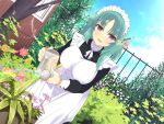  1girl apron bad_source bashou_(senran_kagura) breasts flower green_hair large_breasts looking_at_viewer maid maid_headdress open_mouth paintbrush senran_kagura senran_kagura_(series) smile solo violet_eyes yaegashi_nan 