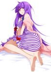  1girl ass bangs bare_shoulders barefoot blue_bow blunt_bangs blush bow breasts commentary_request dress eichi_yuu eyebrows_visible_through_hair full_body hair_bow highres large_breasts long_hair looking_at_viewer no_hat no_headwear off_shoulder parted_lips patchouli_knowledge purple_dress purple_hair red_bow sidelocks sitting solo strapless strapless_dress striped touhou vertical-striped_dress vertical_stripes very_long_hair violet_eyes 