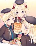  :&gt; animal_ears beret blonde_hair blue_neckwear breasts butter doughnut eating engawa343 eyebrows_visible_through_hair food food_in_mouth food_on_face gradient gradient_background hair_bun hair_ribbon hat ice_cream ice_cream_cone long_hair looking_at_viewer looking_back loose_necktie medium_breasts necktie pancake pig_ears plate pocky red_neckwear red_ribbon ribbon sidelocks sinoalice smile sparkle syrup three_little_pigs_(sinoalice) tunic twitter_username upper_body violet_eyes 