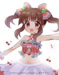  1girl :d bangs bow bowtie brown_eyes brown_hair clover_hair_ornament criss-cross_halter crop_top eyebrows_visible_through_hair frills hair_ornament halterneck idolmaster idolmaster_cinderella_girls looking_at_viewer miyuara navel neck_ribbon ogata_chieri open_mouth outstretched_arms pink_bow pink_ribbon ribbon sidelocks skirt smile solo spread_arms twintails white_background white_neckwear wrist_cuffs 