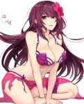  1girl arm_support bangs bare_arms bare_shoulders bikini breasts cleavage collarbone dated eyebrows_visible_through_hair fate/grand_order fate_(series) flower hair_flower hair_ornament hibiscus highres large_breasts leaning_forward leg_garter long_hair looking_at_viewer pink_bikini purple_hair red_eyes sarong scathach_(fate/grand_order) scathach_(swimsuit_assassin)_(fate) see-through signature simple_background sitting solo straight_hair swimsuit thighs tsurime very_long_hair white_background yorei_(death0813) 