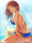  1girl ass beach bikini blue_bikini blush breasts brown_eyes commentary_request dutch_angle flower hair_flower hair_ornament heri houjou_karen idolmaster idolmaster_cinderella_girls long_hair looking_at_viewer medium_breasts mouth_hold ocean orange_hair pink_bikini shore smile solo swimsuit wet 