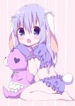  1girl absurdres animal_ears bangs barefoot blue_gloves blue_hair blue_shorts blush bow bunny_girl bunny_tail commentary_request crop_top ears_down eyebrows_visible_through_hair floppy_ears frilled_shorts frills gloves gochuumon_wa_usagi_desu_ka? hair_between_eyes hair_bow hair_ornament hamada_pengin hands_up highres kafuu_chino long_hair looking_at_viewer looking_to_the_side open_mouth puffy_short_sleeves puffy_sleeves purple_bow rabbit_ears short_shorts short_sleeves shorts sidelocks sitting solo striped striped_background stuffed_animal stuffed_bunny stuffed_toy tail vertical-striped_background vertical_stripes very_long_hair violet_eyes wariza x_hair_ornament 