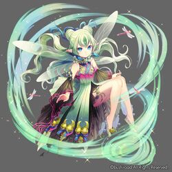  1girl animal bare_shoulders bell blue_eyes breasts bug closed_mouth commentary_request copyright_request detached_sleeves double_bun dragonfly dress green_dress green_hair grey_background insect insect_wings jingle_bell long_hair long_sleeves looking_at_viewer momoshiki_tsubaki official_art pointy_ears sidelocks simple_background sitting sleeveless sleeveless_dress small_breasts solo sparkle transparent_wings very_long_hair wide_sleeves wings 