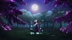 1girl barefoot forest full_moon highres horns long_hair looking_at_viewer looking_back moon nature night open_mouth original outdoors paintrfiend patreon_username pointy_ears ponytail red_eyes solo standing standing_on_one_leg tail watermark web_address white_hair wide_sleeves 