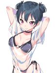  1girl absurdres alternate_hairstyle armpits arms_behind_head arms_up bangs bikini black_bikini black_choker blue_hair blush breasts choker cleavage collarbone double_bun hair_bun hair_ornament highres love_live! love_live!_sunshine!! medium_breasts navel o-ring_bikini see-through shirt side-tie_bikini simple_background solo standing swimsuit tem10 tsushima_yoshiko violet_eyes wet wet_clothes wet_shirt white_background 