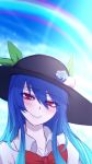  1girl black_hat blouse blue_flower blue_hair blue_rose blue_sky blush bow clouds collarbone commentary_request day eyebrows_visible_through_hair flower food fruit hair_between_eyes hat hat_flower hat_rose head_tilt highres hinanawi_tenshi leaf long_hair looking_at_viewer miata_(miata8674) neck_bow peach puffy_short_sleeves puffy_sleeves rainbow red_bow red_eyes red_neckwear rose short_sleeves sidelocks sky smile solo touhou white_blouse wing_collar 