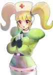  1girl anna_(rockman_zx) bangs belt blonde_hair blush breasts byte_(grunty-hag1) commentary_request cowboy_shot eyebrows_visible_through_hair gloves hand_on_own_chest hands_together hat large_breasts long_eyelashes long_hair nurse nurse_cap open_mouth puffy_sleeves robot_ears rockman rockman_zx rockman_zx_advent sidelocks skirt solo thigh-highs twintails white_background zettai_ryouiki 