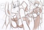  1boy 1girl breasts couple darling_in_the_franxx eyebrows_visible_through_hair hair_over_one_eye highres hiro_(darling_in_the_franxx) horns large_breasts long_hair looking_back monochrome oni_horns pilot_suit potekite short_hair speech_bubble translation_request zero_two_(darling_in_the_franxx) 