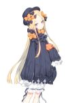  1girl abigail_williams_(fate/grand_order) bangs black_hat blonde_hair bloomers blue_eyes bow dress fate/grand_order fate_(series) feet_out_of_frame hair_bow hat highres holding holding_stuffed_animal long_hair long_sleeves looking_at_viewer orange_bow parted_bangs polka_dot polka_dot_bow ronopu simple_background sleeves_past_fingers solo standing stuffed_animal stuffed_toy teddy_bear underwear very_long_hair white_background white_bloomers 
