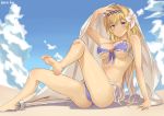  1girl absurdres banner barefoot bikini blonde_hair blue_eyes blush breasts cleavage commentary flower front-tie_bikini front-tie_top granblue_fantasy hair_flower hair_ornament highres jeanne_d&#039;arc_(granblue_fantasy) large_breasts lily_(flower) long_hair looking_at_viewer purple_bikini ryan_edian side-tie_bikini smile solo swimsuit under_boob 