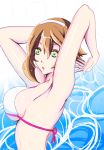  1girl armpits arms_behind_head breasts brown_hair eyebrows_visible_through_hair gel_(guyver123) graphite_(medium) green_eyes hair_between_eyes hairband highres kantai_collection large_breasts mechanical_pencil mutsu_(kantai_collection) open_mouth pencil short_hair solo swimsuit traditional_media upper_body water wet white_hairband 