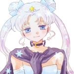  1girl bishoujo_senshi_sailor_moon black_cape black_gloves black_neckwear blue_bow blue_eyes bow cape choker closed_mouth double_bun earrings gloves hair_bow jewelry kurokuzu_(milkyway792) long_hair looking_at_viewer simple_background smile snowflakes solo star star_earrings tsukino_usagi twintails white_background white_hair 