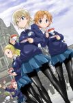  4girls assam bangs black_bow black_legwear black_neckwear blonde_hair blue_eyes blue_skirt blue_sweater blurry blurry_background blush bow braid building closed_mouth clouds cloudy_sky commentary_request cup darjeeling dress_shirt dropping dutch_angle emblem falling girls_und_panzer hair_bow hair_pulled_back hair_ribbon light_smile long_hair long_sleeves looking_at_viewer miniskirt muichimon multiple_girls necktie open_mouth orange_hair orange_pekoe pantyhose parted_bangs pleated_skirt redhead ribbon rosehip saucer school_uniform shirt short_hair skirt sky spilling st._gloriana&#039;s_(emblem) st._gloriana&#039;s_school_uniform standing sweatdrop sweater tea teacup tied_hair twin_braids v-neck v-shaped_eyebrows white_shirt wing_collar 
