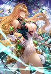  1girl armor blonde_hair blush breasts cleavage dress gloves highres mythra_(xenoblade) large_breasts long_hair looking_at_viewer signo_aaa smile solo xenoblade_(series) xenoblade_2 yellow_eyes 