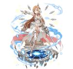  1girl armor armored_dress asuna_(sao) barefoot bracelet breasts brown_eyes brown_hair choker cleavage detached_sleeves dress faux_figurine floating_hair flower full_body hair_flower hair_ornament holding holding_sword holding_weapon jewelry long_hair looking_at_viewer medium_breasts one_leg_raised outstretched_arm see-through short_dress simple_background smile solo sword sword_art_online thigh-highs very_long_hair weapon white_background white_dress white_flower 