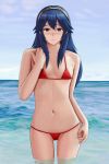  1girl bikini blue_eyes blue_hair detteiutteiu fire_emblem fire_emblem:_kakusei highres lucina micro_bikini navel ocean red_bikini smile solo swimsuit tiara water wet 