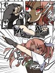  1girl arm_up belt black_gloves black_vest breasts brown_hair collared_shirt commentary_request fingerless_gloves futomashio gloves green_ribbon hair_ribbon highres kagerou_(kantai_collection) kamen_rider kamen_rider_black_(series) kantai_collection long_hair neck_ribbon pose remodel_(kantai_collection) ribbon shaded_face shirt short_sleeves twintails upper_body v-shaped_eyebrows vest white_ribbon white_shirt 