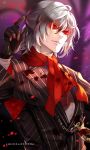  1boy antonio_salieri_(fate/grand_order) black_gloves blood bloody_clothes blurry chains depth_of_field fate/grand_order fate_(series) floral_print formal gloves glowing glowing_eyes highres neckerchief petals pinstripe_suit pocket_watch red_eyes solo striped suit upper_body watch white_hair yuuki_kira 