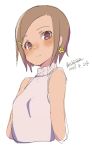  1girl bare_shoulders blush breasts brown_eyes brown_hair closed_mouth dark_skin dated earrings grey_shirt hair_ornament hairclip jewelry looking_at_viewer maze_(gochama_ze_gohan) original shirt short_hair signature simple_background sketch sleeveless sleeveless_shirt small_breasts smile solo star star_earrings white_background 