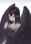  1girl ano54 bangs black_hair black_wings breasts commentary_request eyebrows_visible_through_hair facial_mark gradient gradient_background grey_background hair_between_eyes highres horns long_hair original parted_lips red_eyes red_string small_breasts solo string white_background wings 