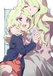  2girls :d age_difference blonde_hair blue_eyes blue_jacket blush breasts brown_jacket cleavage closed_eyes closed_mouth diana_cavendish dress dual_persona eyebrows_visible_through_hair green_hair grey_skirt hand_holding happy_birthday highres jacket little_witch_academia long_hair long_skirt long_sleeves multicolored_hair multiple_girls open_clothes open_jacket open_mouth red_dress round_teeth sitting skirt smile tama tareme teeth time_paradox two-tone_background two-tone_hair very_long_hair wavy_hair younger 