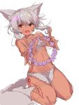  1girl :d animal_ears bangs bare_arms bare_shoulders blush dutch_angle eyebrows_visible_through_hair facial_mark flower flower_wreath fox_ears fox_girl fox_tail fur hair_between_eyes long_hair looking_at_viewer open_mouth original purple_flower red_eyes revealing_clothes silver_hair simple_background sitting sketch smile solo tail wariza white_background yuuji_(yukimimi) 