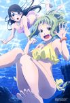  2girls :d :o absurdres amanchu! ass bangs barefoot bikini black_hair blue_eyes blush bracelet breasts fish green_eyes green_hair hand_holding highres itou_youko jewelry knees_together kohinata_hikari large_breasts long_hair looking_at_viewer magazine_scan medium_breasts megami multiple_girls official_art ooki_futaba open_mouth orange_bracelet parted_bangs pink_bikini ponytail round_teeth scan side-tie_bikini smile strap_gap submerged swimsuit teeth waving yellow_bikini 