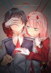  1boy 1girl black_hair couple darling_in_the_franxx gloves green_eyes hand_on_another&#039;s_face highres hiro_(darling_in_the_franxx) horns long_hair military military_uniform necktie oni_horns pink_hair red_neckwear short_hair uniform white_gloves yao14650 zero_two_(darling_in_the_franxx) 