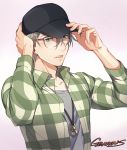  1boy adjusting_clothes adjusting_hat artist_name baseball_cap bespectacled blue_eyes gearous glasses hat jewelry male_focus necklace parted_lips plaid plaid_shirt shirt silver_hair viktor_nikiforov yuri!!!_on_ice 