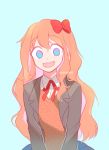  1girl :d alternate_hairstyle artist_name blue_background blue_eyes bow doki_doki_literature_club gradient gradient_background green_background hair_bow long_hair looking_at_viewer open_mouth orange_hair qii_namii red_bow sayori_(doki_doki_literature_club) school_uniform simple_background smile solo upper_body wavy_mouth 