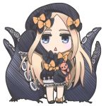  1girl :&lt; abigail_williams_(fate/grand_order) alice_sakura_komainu arm_up bangs black_bow black_dress black_footwear black_hat bloomers blue_eyes blush bow bug butterfly chibi commentary_request dress fate/grand_order fate_(series) hair_bow hat insect light_brown_hair long_hair long_sleeves object_hug orange_bow parted_bangs parted_lips simple_background sleeves_past_fingers sleeves_past_wrists solo standing stuffed_animal stuffed_toy suction_cups teddy_bear tentacle triangle_mouth underwear very_long_hair white_background white_bloomers 