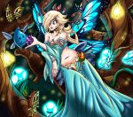  1girl aqua_dress bare_shoulders belly blonde_hair blue_eyes breasts bug butterfly butterfly_wings centaurengine chiko_(mario) collarbone crown curvy dress eyebrows_visible_through_hair fairy forest freckles gem hair_over_one_eye insect jewelry leaning_on_object lips long_hair long_sleeves looking_at_another super_mario_bros. medium_breasts nature navel parted_lips plump rosetta_(mario) sparkle star star_(sky) strapless strapless_dress super_mario super_mario_3d_world super_mario_galaxy wings 