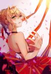  1girl absurdres ahoge bad_anatomy bare_shoulders blonde_hair braid fate/extra fate_(series) flower french_braid green_eyes hair_ribbon highres looking_at_viewer nero_claudius_(fate) nero_claudius_(fate)_(all) open_mouth petals red_flower red_ribbon red_rose red_skirt ribbon rose short_hair skirt smile solo sqbillfish 