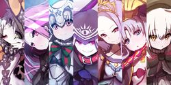  6+girls :o abigail_williams_(fate/grand_order) abigail_williams_(fate/grand_order)_(cosplay) bangs beret bikini_top black_bikini_top black_bow black_capelet black_dress black_gloves black_hat blood blue_dress blue_eyes blush bow breasts capelet caster_lily caster_lily_(cosplay) cleavage closed_mouth collarbone cosplay dress evil_grin evil_smile eyebrows_visible_through_hair facial_scar fate/extra fate/grand_order fate_(series) finger_to_mouth fur-trimmed_capelet fur_trim gloves glowing glowing_eyes green_bow green_eyes grin hair_between_eyes hat head_tilt headdress headpiece highres hood hood_up hooded_capelet jack_the_ripper_(fate/apocrypha) jack_the_ripper_(fate/apocrypha)_(cosplay) jeanne_d&#039;arc_(fate)_(all) jeanne_d&#039;arc_alter_santa_lily jeanne_d&#039;arc_alter_santa_lily_(cosplay) looking_at_viewer medusa_(lancer)_(fate) medusa_(lancer)_(fate)_(cosplay) multiple_girls nursery_rhyme_(fate/extra) nursery_rhyme_(fate/extra)_(cosplay) orange_bow pale_skin parted_bangs parted_lips pink_eyes pink_hair print_bow protected_link purple_bow purple_ribbon red_collar revealing_clothes ribbon ribbon_bra rider scar scar_across_eye scar_on_cheek sharp_teeth silver_hair small_breasts smile star star_print striped striped_bow teeth tiara tongue tongue_out violet_eyes wada_kazu white_dress witch_hat wu_zetian_(fate/grand_order) wu_zetian_(fate/grand_order)_(cosplay) 