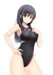  1girl arena_(company) black_hair black_swimsuit brown_eyes competition_swimsuit contrapposto covered_navel cowboy_shot fuuma_nagi long_hair looking_at_viewer one-piece_swimsuit original simple_background solo standing swimsuit white_background 