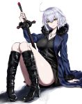  1girl ahoge bangs black_dress blue_coat boots breasts coat dress eyebrows_visible_through_hair fate/grand_order fate_(series) fur-trimmed_coat fur_trim high_heel_boots high_heels highres jeanne_d&#039;arc_(alter)_(fate) jeanne_d&#039;arc_(fate)_(all) jewelry knee_boots knees_up large_breasts looking_at_viewer necklace nozoyuki open_clothes open_coat short_dress silver_hair simple_background sitting smile solo sword thighs weapon white_background wicked_dragon_witch_ver._shinjuku_1999 yellow_eyes 