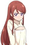  1girl aikatsu! aikatsu!_(series) brown_hair cleavage_cutout embarrassed eyebrows_visible_through_hair flat_chest frown haiteku long_hair meme_attire open-chest_sweater shibuki_ran shiny shiny_hair shiny_skin simple_background sketch solo sweater upper_body violet_eyes white_background 