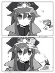  2girls chaldea_uniform comic commentary_request cup dripping fallen_down falling family_crest fate/grand_order fate_(series) fujimaru_ritsuka_(female) greyscale hair_ornament hair_scrunchie hat long_hair military_hat monochrome multiple_girls nm_0923 oda_nobunaga_(fate) oda_uri peaked_cap scrunchie side_ponytail skirt spilling tripped water wet wet_clothes 