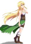  1girl absurdres blonde_hair boots braid breasts brown_footwear cape cleavage collarbone corset eyebrows_visible_through_hair floating_hair freekenji422 from_side green_cape green_eyes hair_between_eyes highres leafa long_hair looking_up medium_breasts pointy_ears shorts sidelocks simple_background solo standing striped sword_art_online thigh_strap twin_braids very_long_hair waist_cape white_background white_shorts 